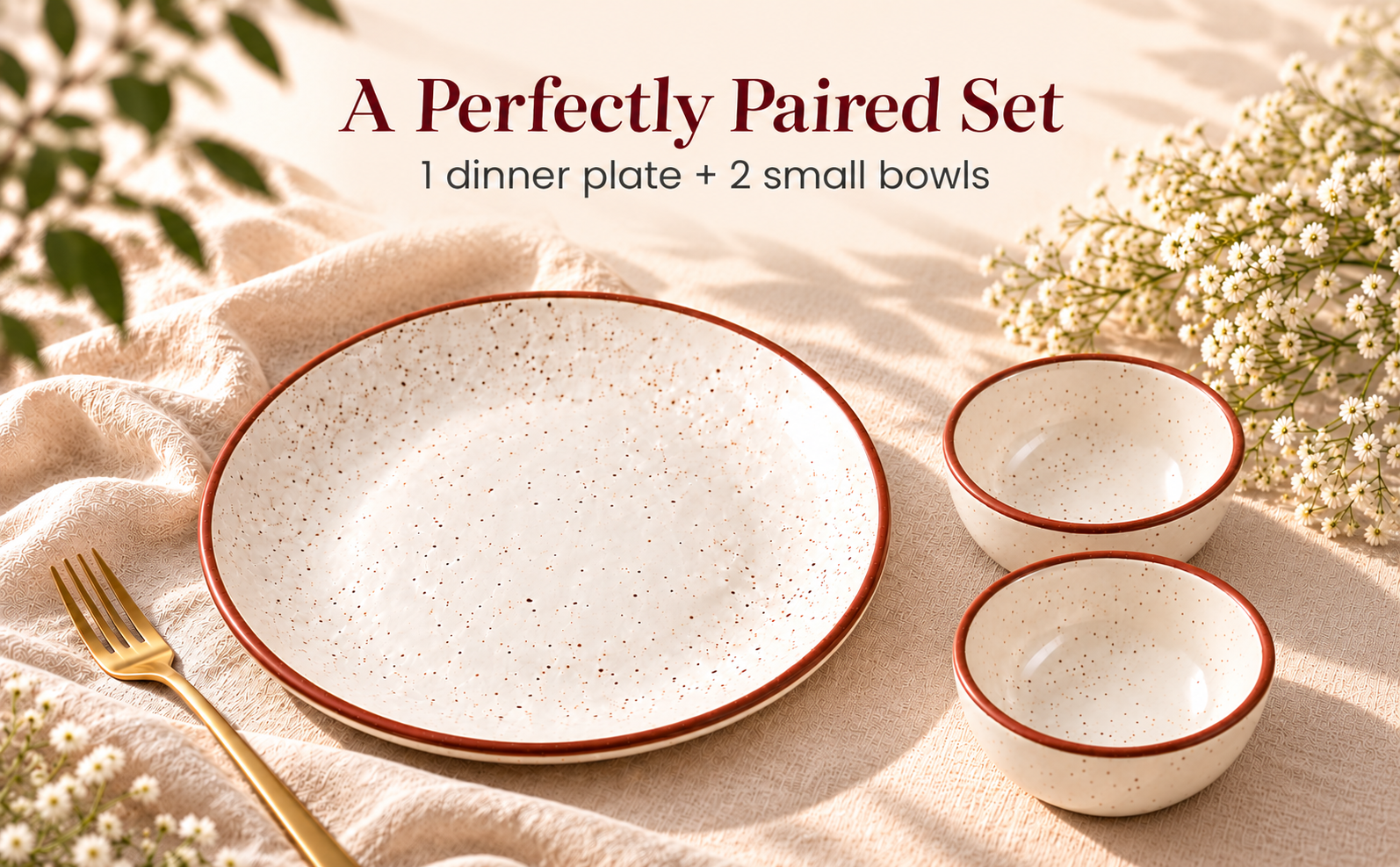 KunhaR Ceramic Dinner Plate & Dessert Bowl Set, Rustic Ivory Speckled Finish, 1 x 10 Inch Dinner Plate with 2 x 150 ml Dessert Bowls, 3 Pieces – visual story 1