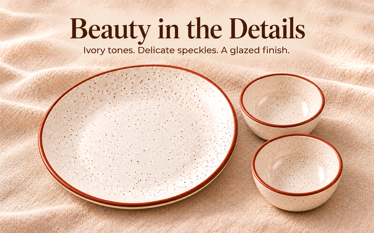 KunhaR Ceramic Dinner Plate & Dessert Bowl Set, Rustic Ivory Speckled Finish, 1 x 10 Inch Dinner Plate with 2 x 150 ml Dessert Bowls, 3 Pieces – visual story 4