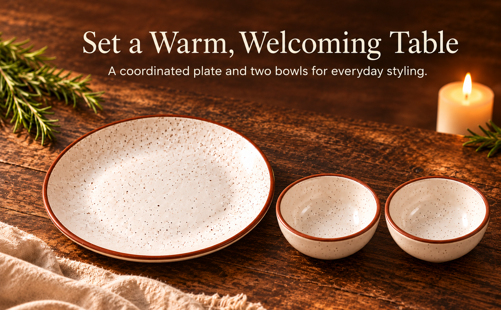 KunhaR Ceramic Dinner Plate & Dessert Bowl Set, Rustic Ivory Speckled Finish, 1 x 10 Inch Dinner Plate with 2 x 150 ml Dessert Bowls, 3 Pieces – visual story 5