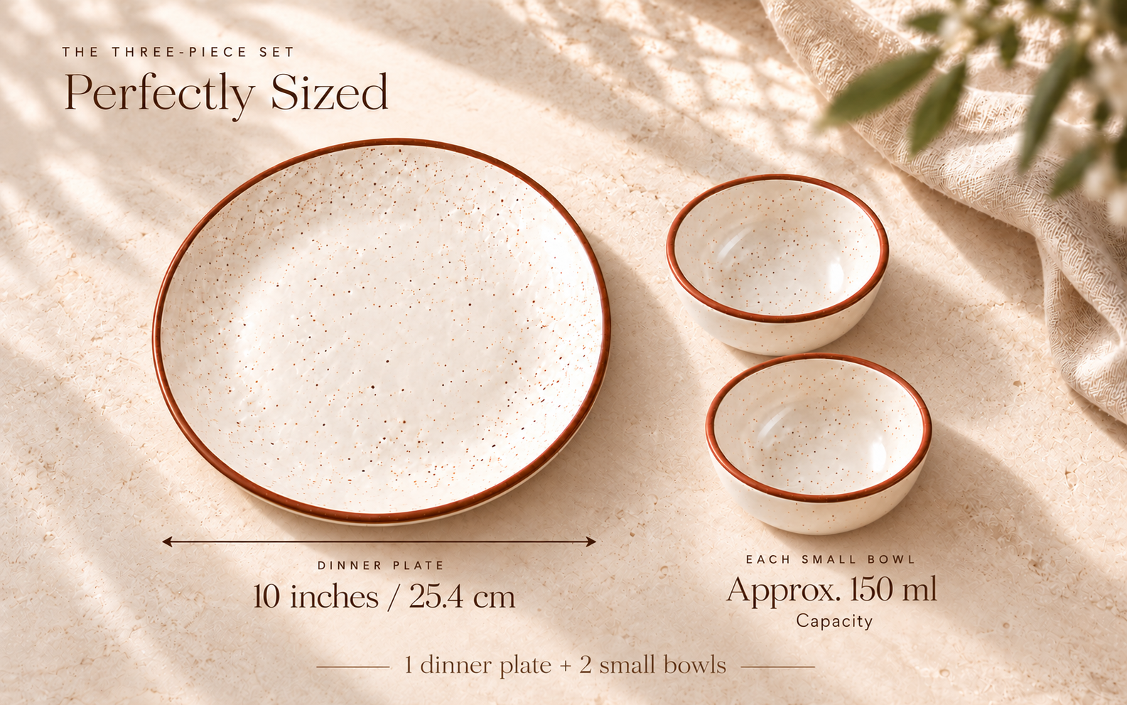 KunhaR Ceramic Dinner Plate & Dessert Bowl Set, Rustic Ivory Speckled Finish, 1 x 10 Inch Dinner Plate with 2 x 150 ml Dessert Bowls, 3 Pieces – visual story 6
