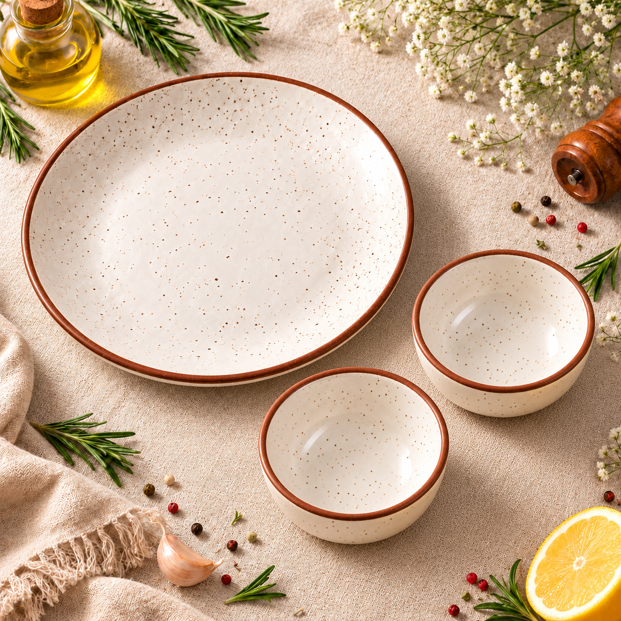 KunhaR Ceramic Dinner Plate & Dessert Bowl Set, Rustic Ivory Speckled Finish, 1 x 10 Inch Dinner Plate with 2 x 150 ml Dessert Bowls, 3 Pieces – image 1