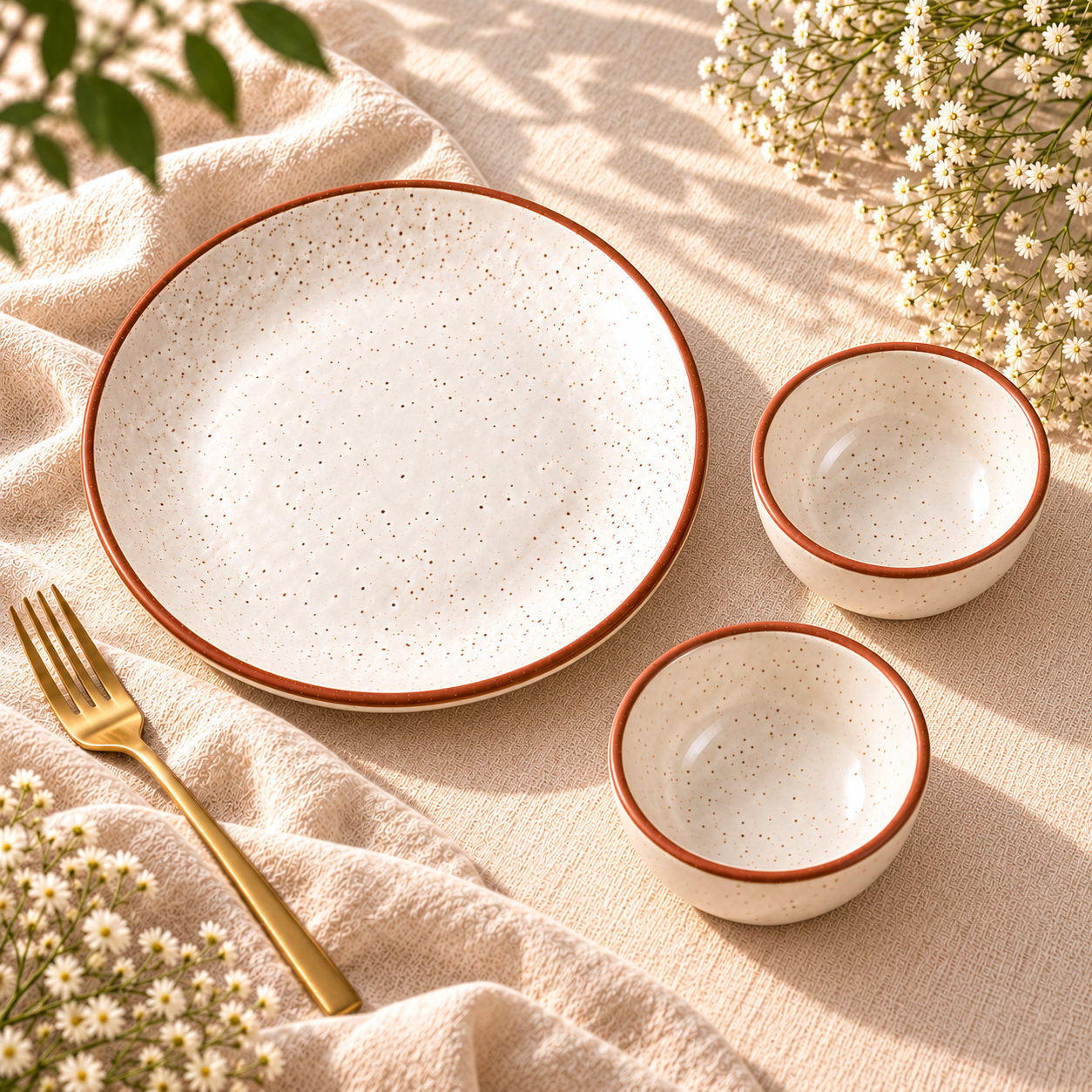 KunhaR Ceramic Dinner Plate & Dessert Bowl Set, Rustic Ivory Speckled Finish, 1 x 10 Inch Dinner Plate with 2 x 150 ml Dessert Bowls, 3 Pieces – image 2