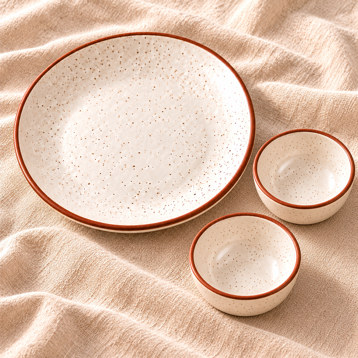 KunhaR Ceramic Dinner Plate & Dessert Bowl Set, Rustic Ivory Speckled Finish, 1 x 10 Inch Dinner Plate with 2 x 150 ml Dessert Bowls, 3 Pieces – image 5