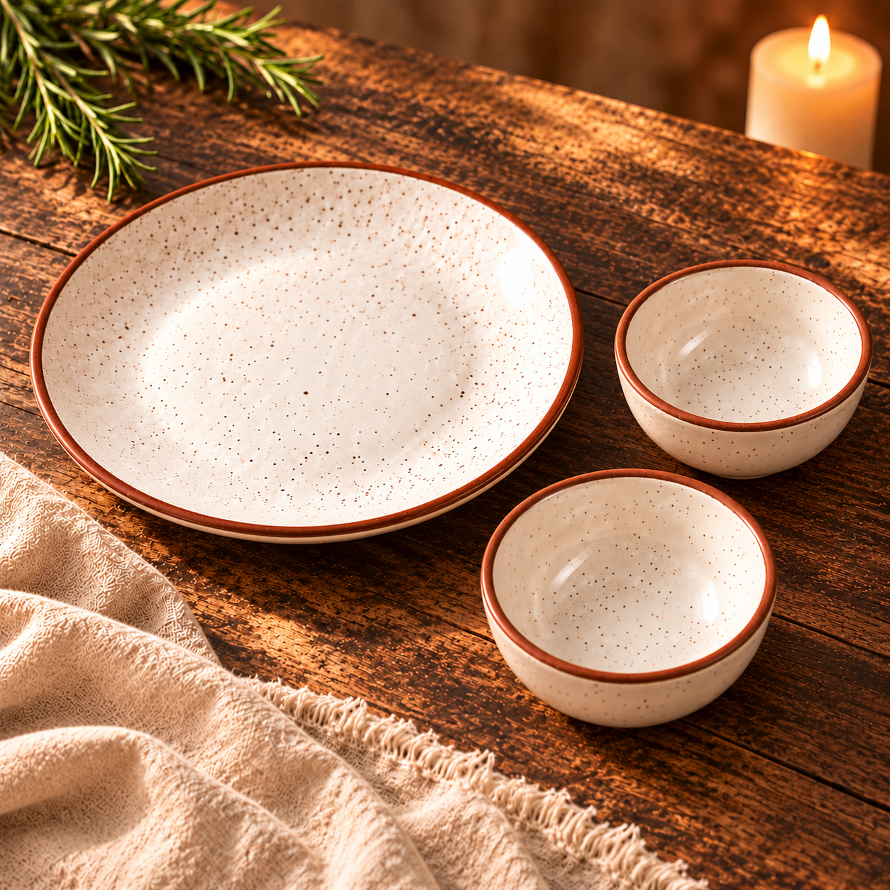 KunhaR Ceramic Dinner Plate & Dessert Bowl Set, Rustic Ivory Speckled Finish, 1 x 10 Inch Dinner Plate with 2 x 150 ml Dessert Bowls, 3 Pieces – image 6