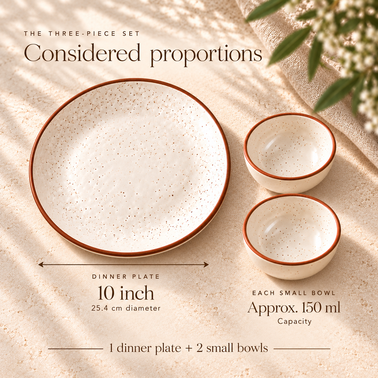 KunhaR Ceramic Dinner Plate & Dessert Bowl Set, Rustic Ivory Speckled Finish, 1 x 10 Inch Dinner Plate with 2 x 150 ml Dessert Bowls, 3 Pieces – image 7