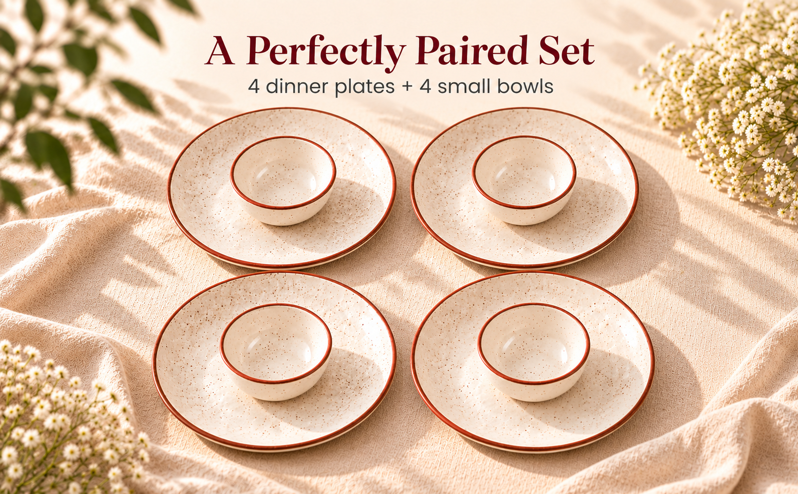 KunhaR Ceramic Dinner Set, Rustic Ivory Speckled Finish, 4 x 10 Inch Dinner Plates with 4 x 150 ml Dessert Bowls, 8 Pieces – visual story 1
