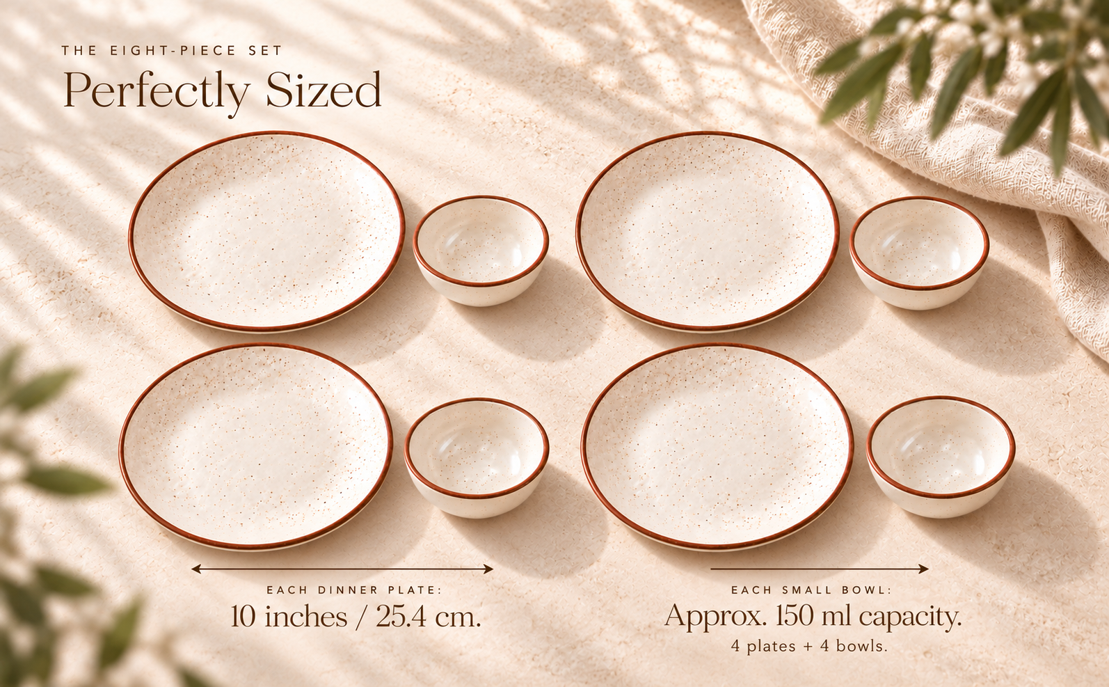KunhaR Ceramic Dinner Set, Rustic Ivory Speckled Finish, 4 x 10 Inch Dinner Plates with 4 x 150 ml Dessert Bowls, 8 Pieces – visual story 6