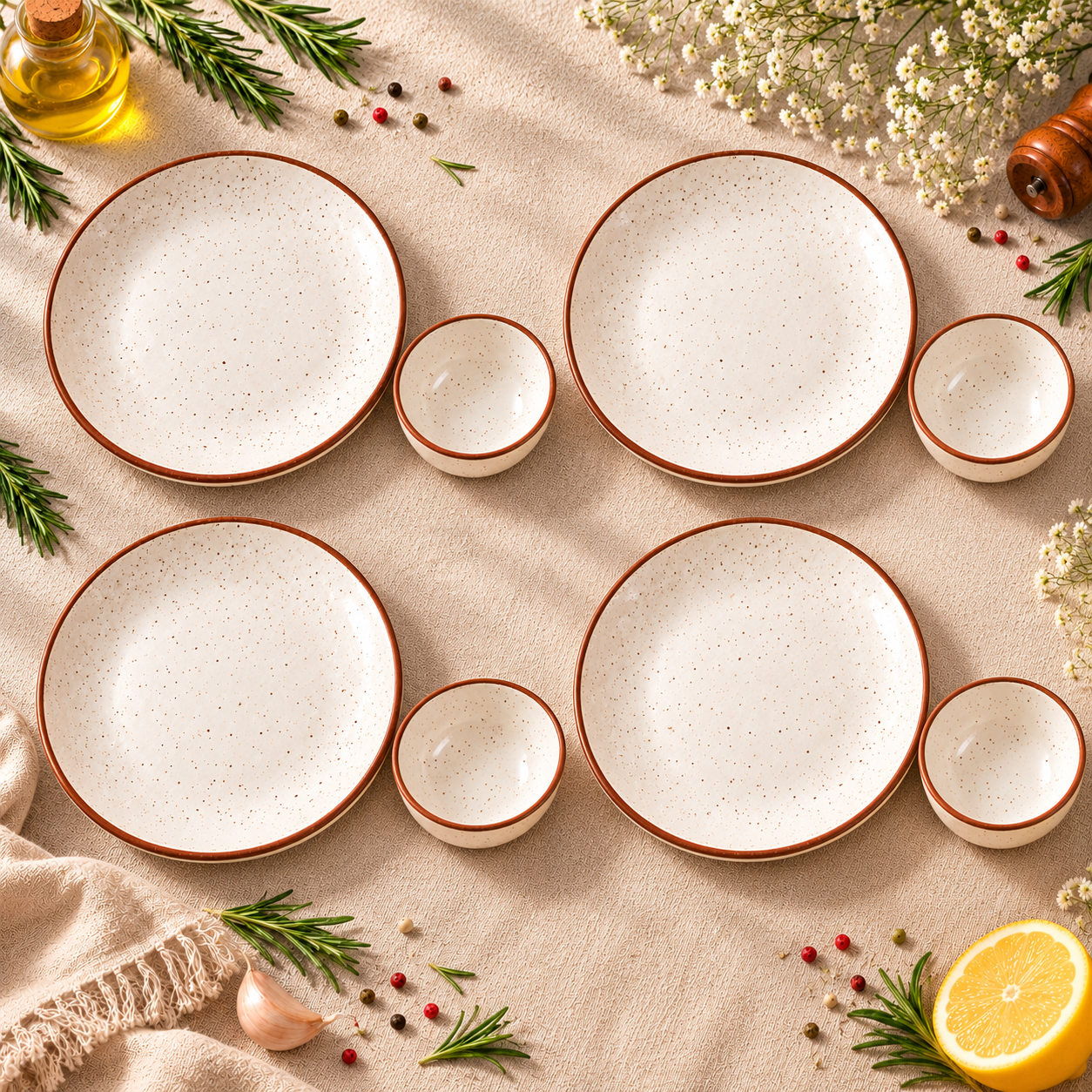 KunhaR Ceramic Dinner Set, Rustic Ivory Speckled Finish, 4 x 10 Inch Dinner Plates with 4 x 150 ml Dessert Bowls, 8 Pieces – image 1