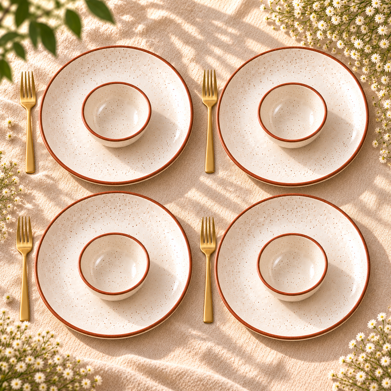 KunhaR Ceramic Dinner Set, Rustic Ivory Speckled Finish, 4 x 10 Inch Dinner Plates with 4 x 150 ml Dessert Bowls, 8 Pieces – image 2