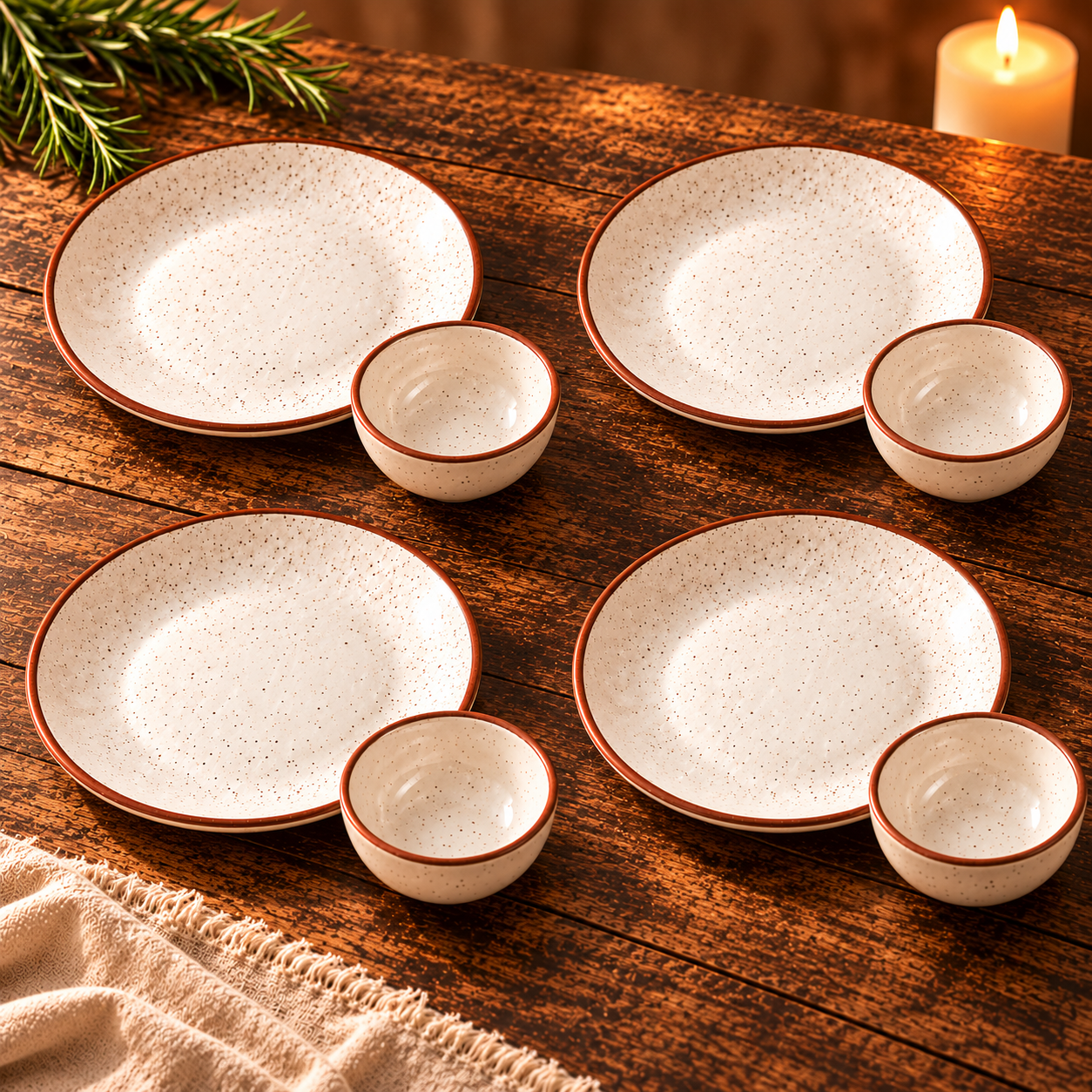 KunhaR Ceramic Dinner Set, Rustic Ivory Speckled Finish, 4 x 10 Inch Dinner Plates with 4 x 150 ml Dessert Bowls, 8 Pieces – image 6