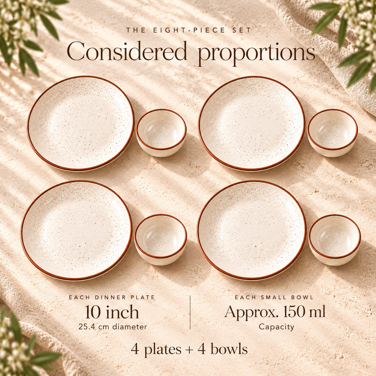 KunhaR Ceramic Dinner Set, Rustic Ivory Speckled Finish, 4 x 10 Inch Dinner Plates with 4 x 150 ml Dessert Bowls, 8 Pieces – image 7