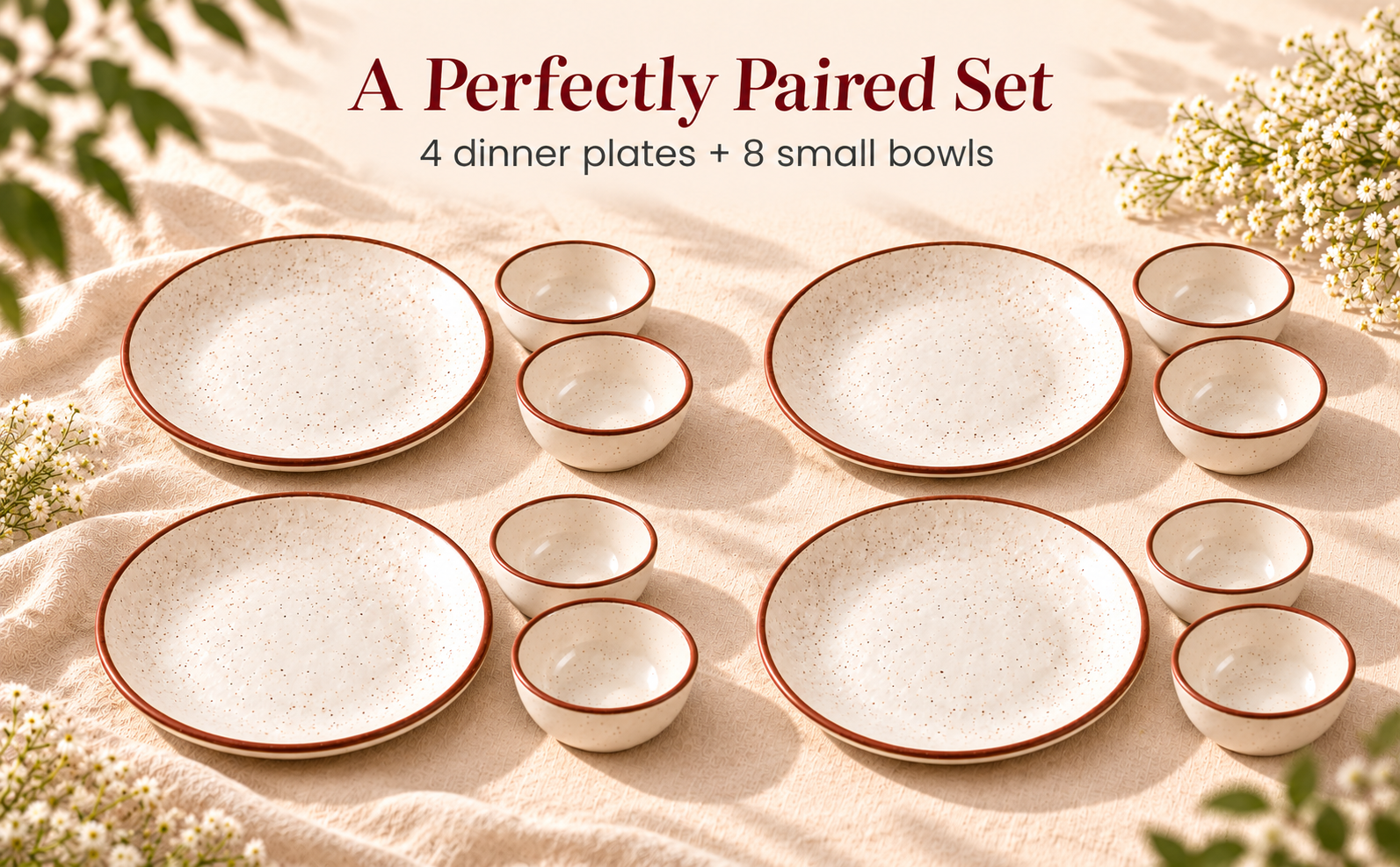 KunhaR Ceramic Dinner Set, Rustic Ivory Speckled Finish, 4 x 10 Inch Dinner Plates with 8 x 150 ml Dessert Bowls, 12 Pieces – visual story 1