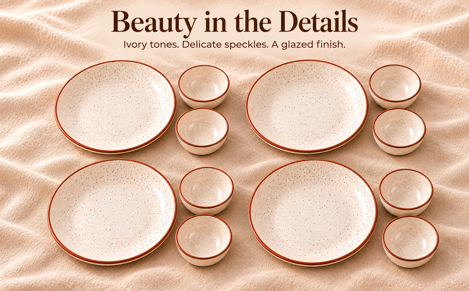 KunhaR Ceramic Dinner Set, Rustic Ivory Speckled Finish, 4 x 10 Inch Dinner Plates with 8 x 150 ml Dessert Bowls, 12 Pieces – visual story 4