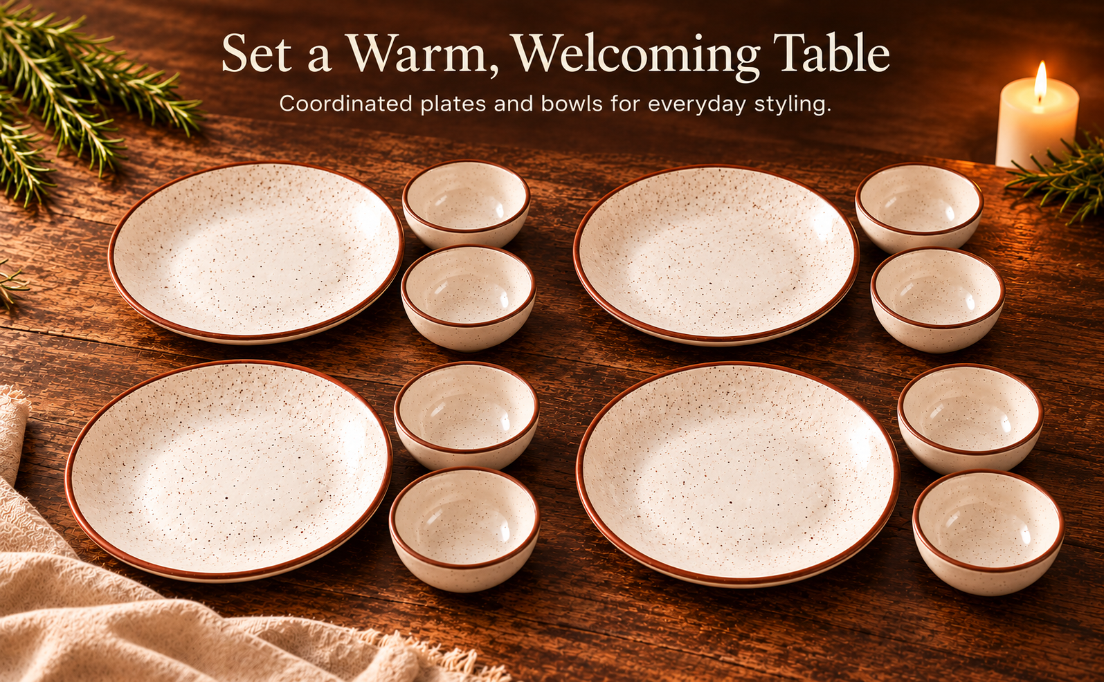 KunhaR Ceramic Dinner Set, Rustic Ivory Speckled Finish, 4 x 10 Inch Dinner Plates with 8 x 150 ml Dessert Bowls, 12 Pieces – visual story 5