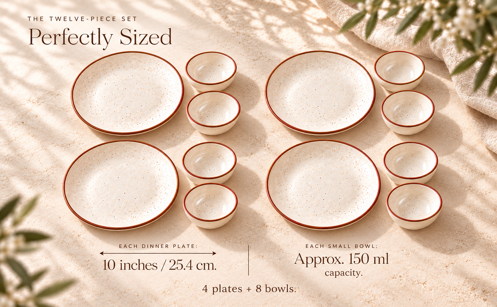 KunhaR Ceramic Dinner Set, Rustic Ivory Speckled Finish, 4 x 10 Inch Dinner Plates with 8 x 150 ml Dessert Bowls, 12 Pieces – visual story 6