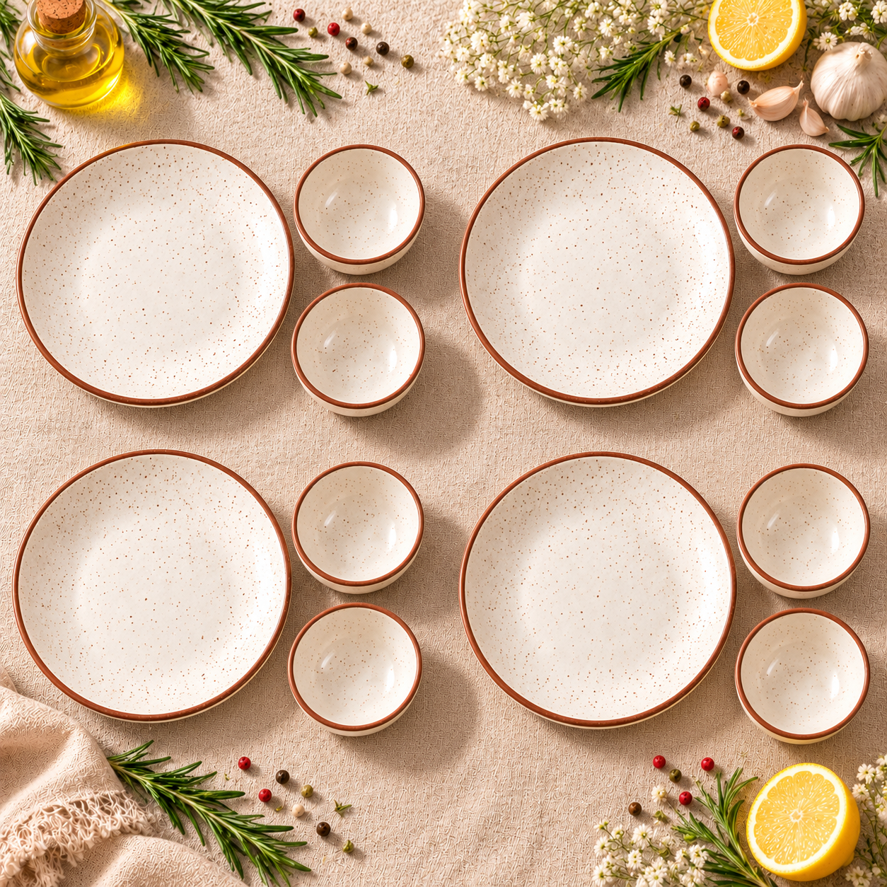 KunhaR Ceramic Dinner Set, Rustic Ivory Speckled Finish, 4 x 10 Inch Dinner Plates with 8 x 150 ml Dessert Bowls, 12 Pieces – image 1