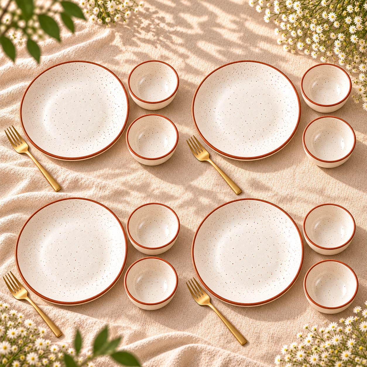 KunhaR Ceramic Dinner Set, Rustic Ivory Speckled Finish, 4 x 10 Inch Dinner Plates with 8 x 150 ml Dessert Bowls, 12 Pieces – image 2