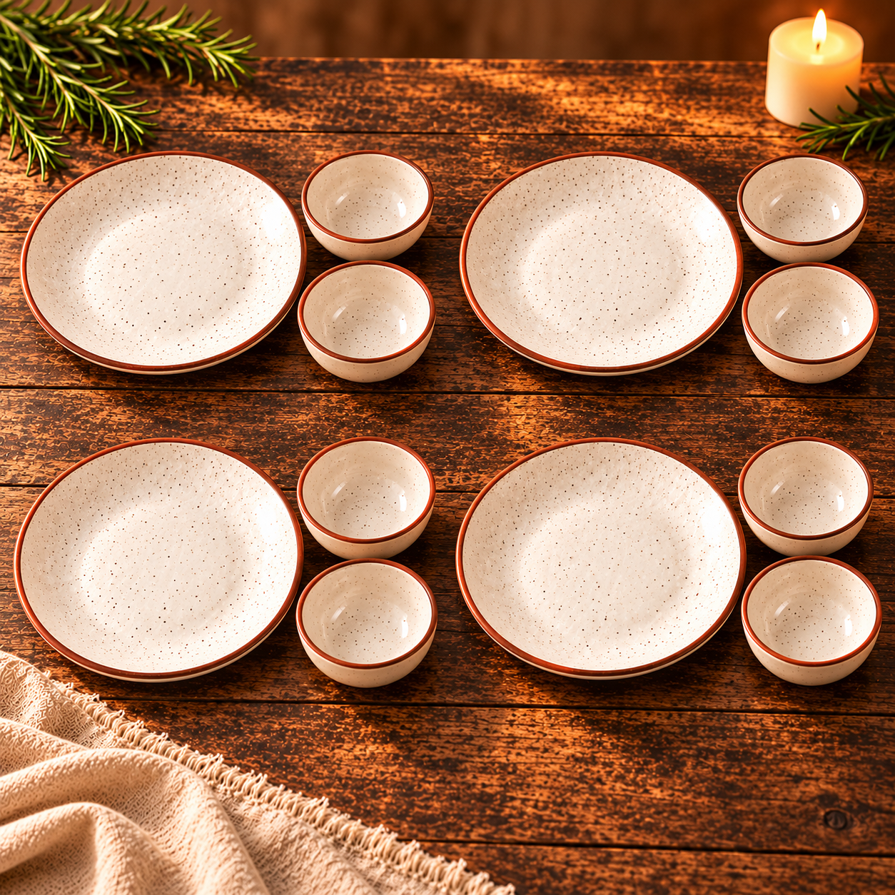 KunhaR Ceramic Dinner Set, Rustic Ivory Speckled Finish, 4 x 10 Inch Dinner Plates with 8 x 150 ml Dessert Bowls, 12 Pieces – image 6