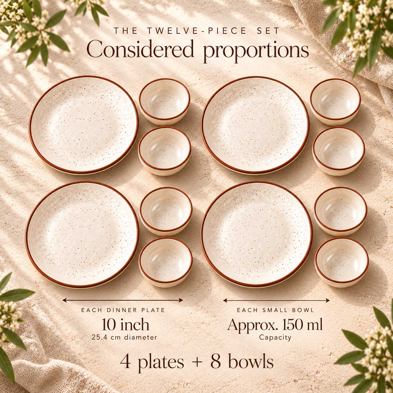 KunhaR Ceramic Dinner Set, Rustic Ivory Speckled Finish, 4 x 10 Inch Dinner Plates with 8 x 150 ml Dessert Bowls, 12 Pieces – image 7