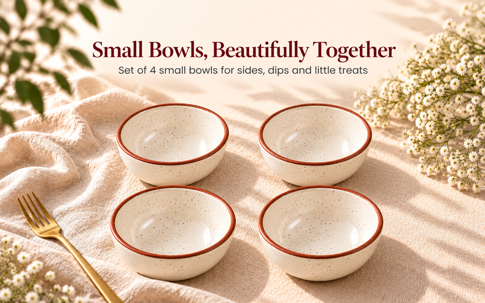 KunhaR Ceramic Dessert Bowl Set, Rustic Ivory Speckled Finish, 150 ml Each, Set of 4 – visual story 1