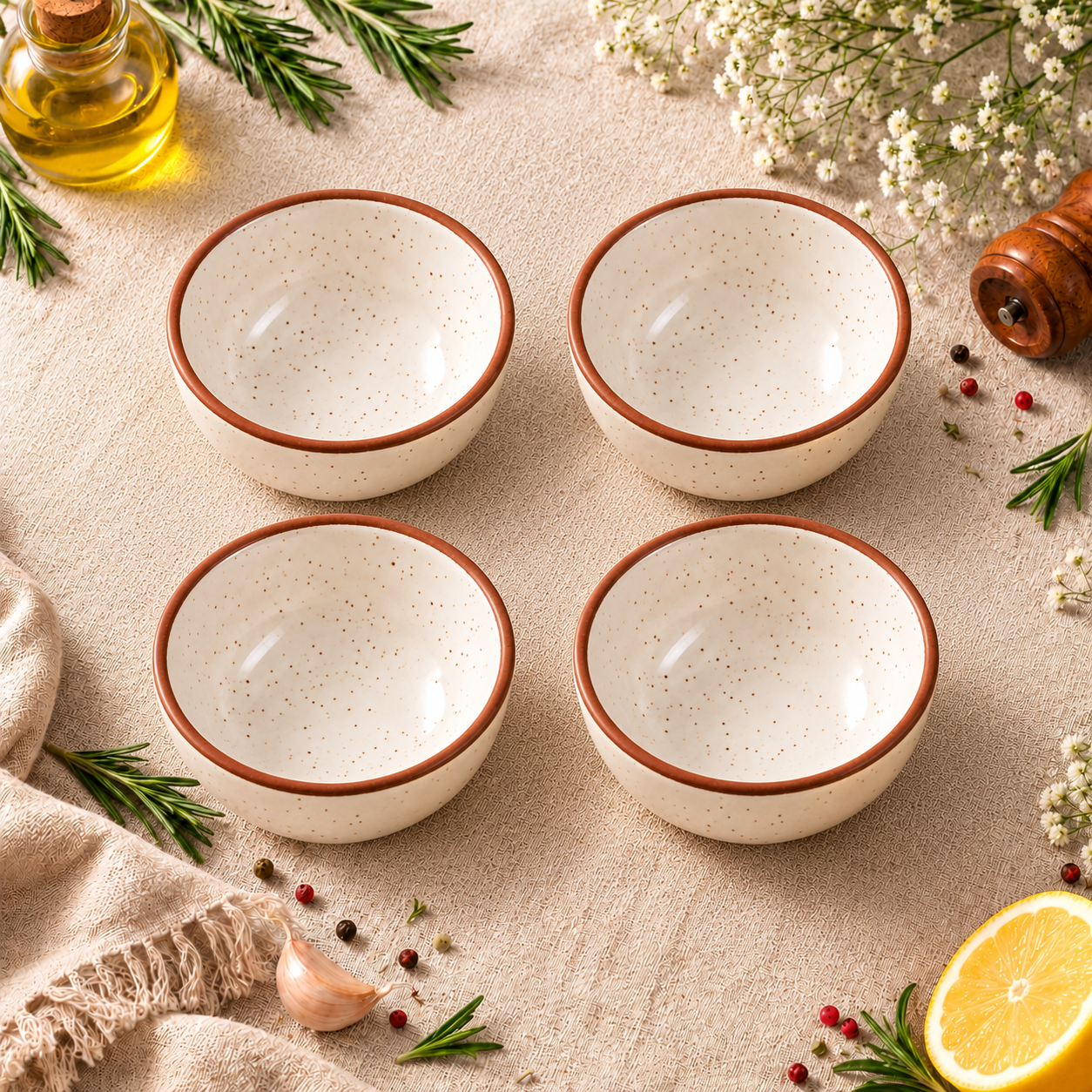 KunhaR Ceramic Dessert Bowl Set, Rustic Ivory Speckled Finish, 150 ml Each, Set of 4 – image 1