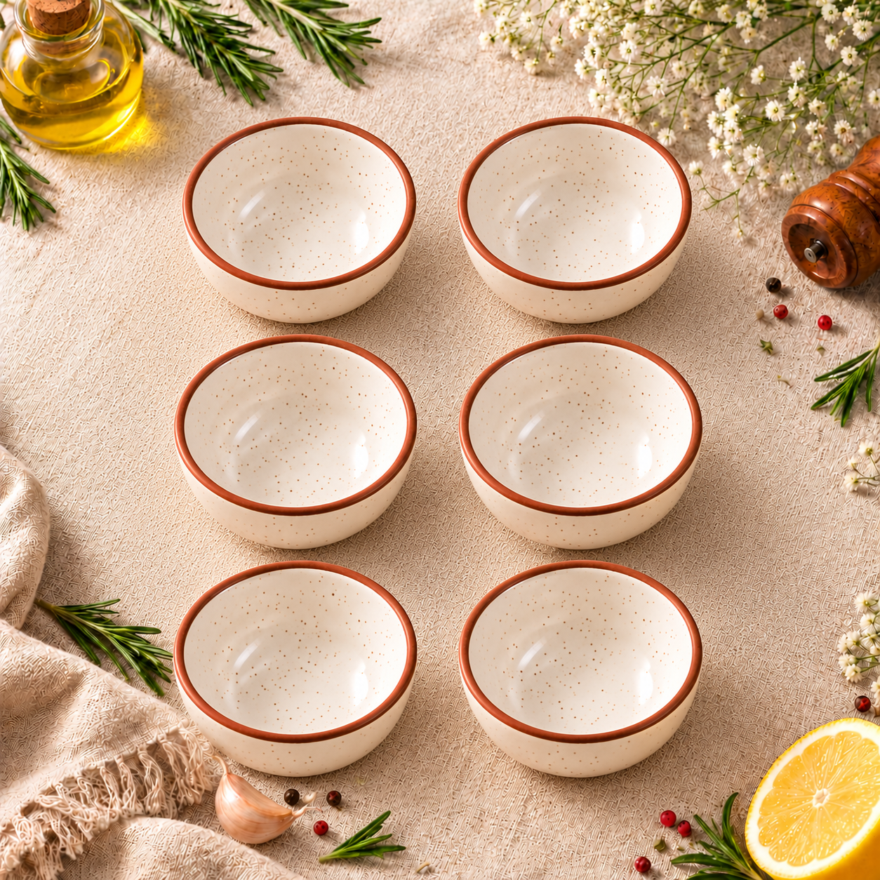 KunhaR Ceramic Dessert Bowl Set, Rustic Ivory Speckled Finish, 150 ml Each, Set of 6 – image 1