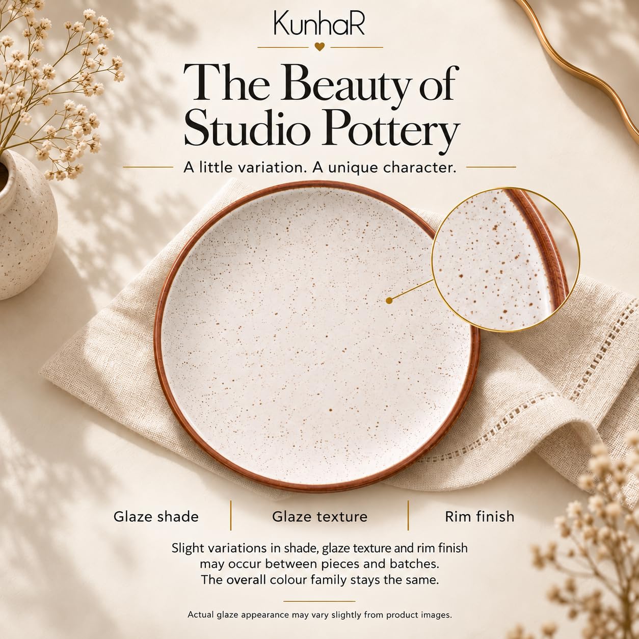 Kunhar Ceramic Dinner Plate 10 Inch | Rustic Ivory Speckled Finish | Premium Glazed Stoneware | Microwave & Dishwasher Safe, Pack of 1 — detail view 8