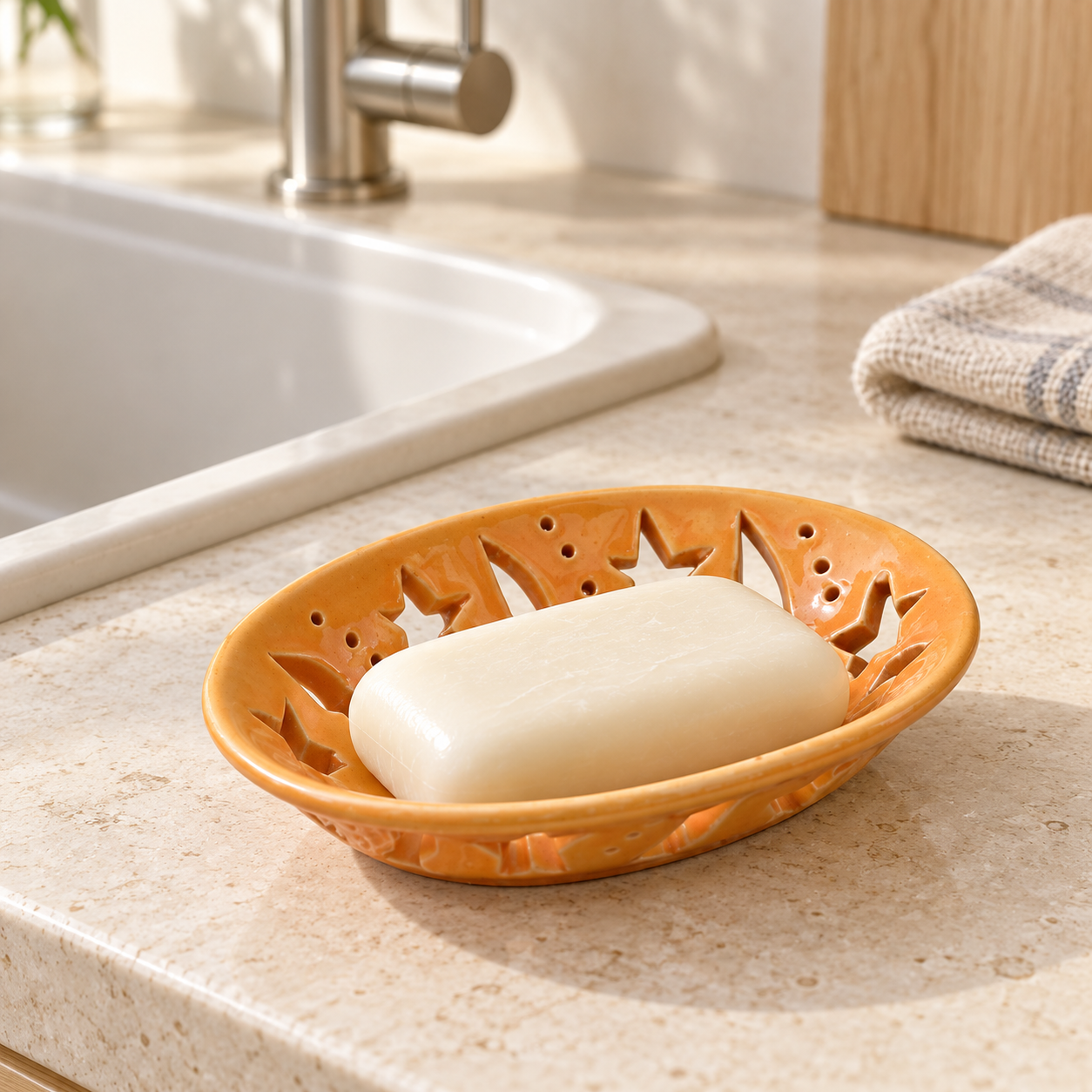 KunhaR Ceramic Soap Dish Holder, Yellow | Draining Soap Tray for Bathroom, Kitchen Sink & Wash Basin, 1 Piece - Image 4