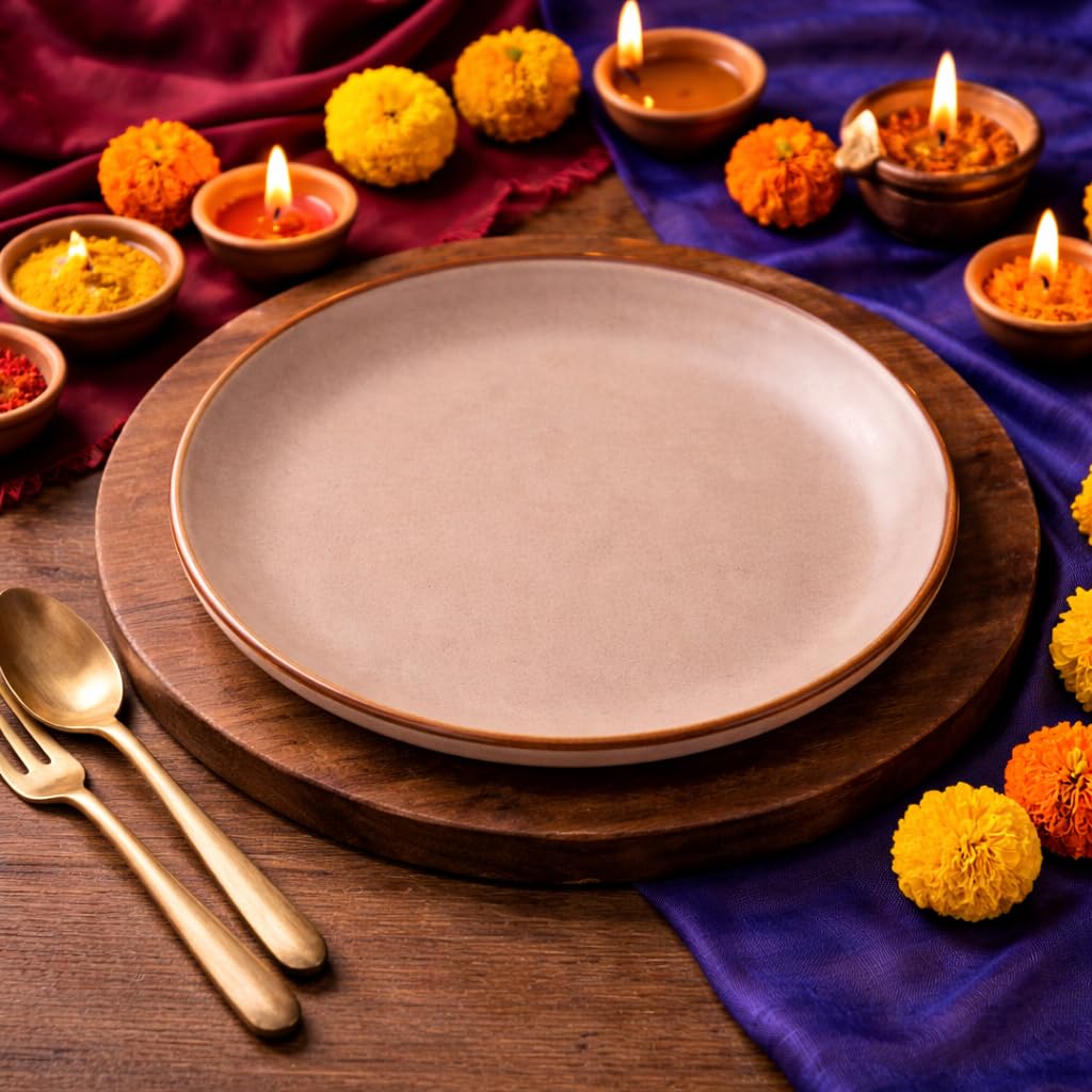 Kunhar Ceramic Dinner Plate 10 Inch | Rustic Ivory Speckled Finish with Brown Rim | Premium Glazed Stoneware | Microwave & Dishwasher Safe, Pack of 1 — detail view 4