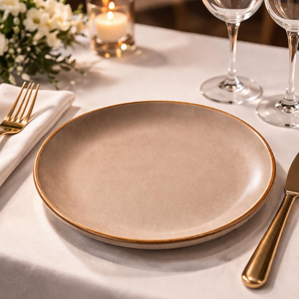 Kunhar Ceramic Dinner Plate 10 Inch | Rustic Ivory Speckled Finish with Brown Rim | Premium Glazed Stoneware | Microwave & Dishwasher Safe, Pack of 1 — detail view 5