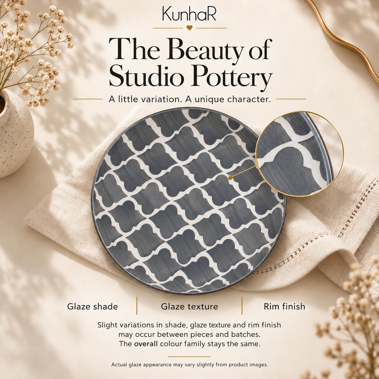 Kunhar Ceramic Dinner Plate 10 Inch | Grey Umrao | Premium Stoneware | Microwave & Dishwasher Safe, Pack of 1 — detail view 7