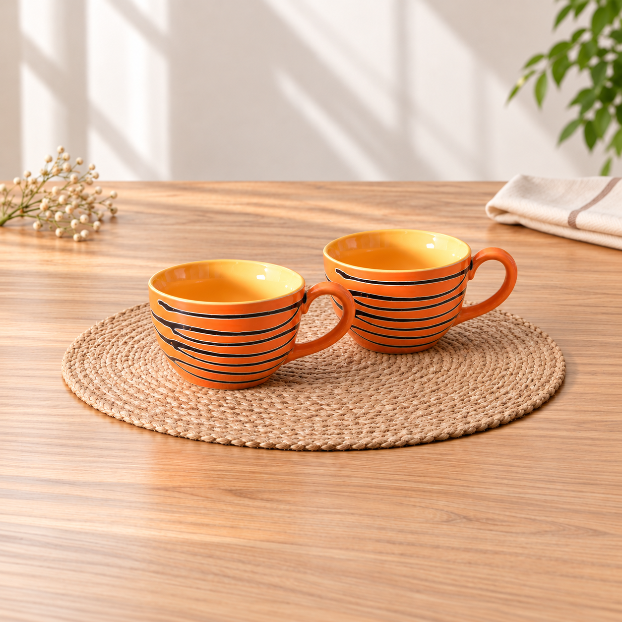 Kunhar Ceramic Soup Mug - Burning Orange, 2 Piece, 350 ML