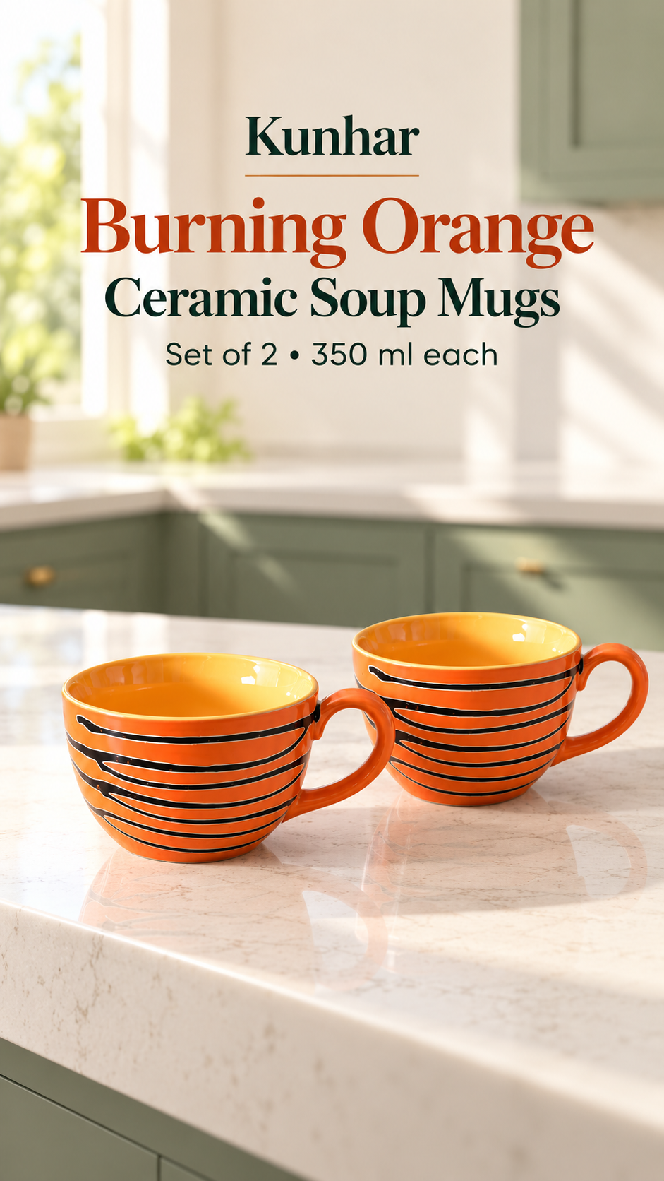 KunhaR Ceramic Soup Mug - Burning Orange, 2 Piece, 350 ml