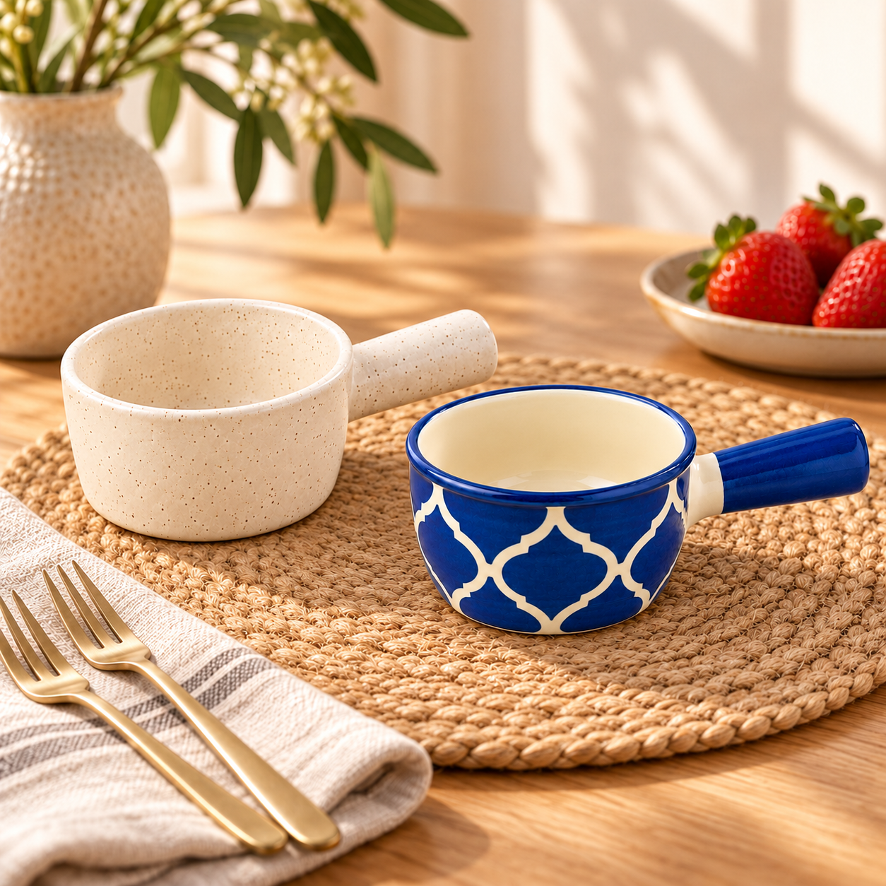 KunhaR Ceramic Fondue Tops for Chocolate, Cheese & Dips, 180 ml Each, White & Blue, Pack of 2 | Lead-Free, Microwave & Oven Safe