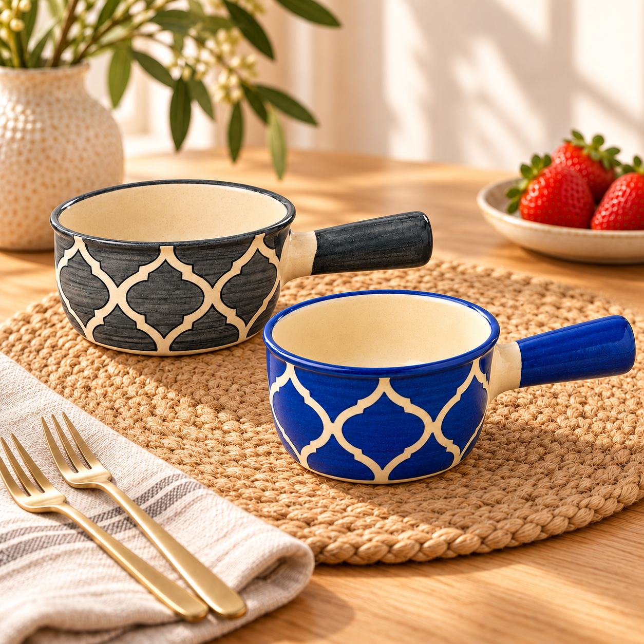 KunhaR Ceramic Fondue Tops for Chocolate, Cheese & Dips, 180 ml Each, Grey & Blue, Pack of 2 | Lead-Free, Microwave & Oven Safe