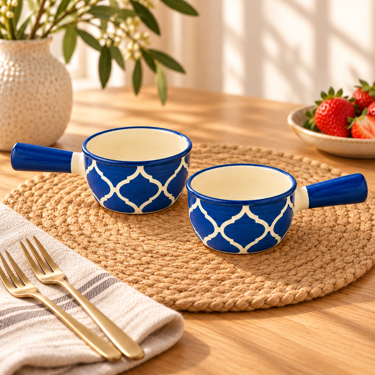 KunhaR Ceramic Fondue Tops for Chocolate, Cheese & Dips, 180 ml Each, Blue, Pack of 2 | Lead-Free, Microwave & Oven Safe