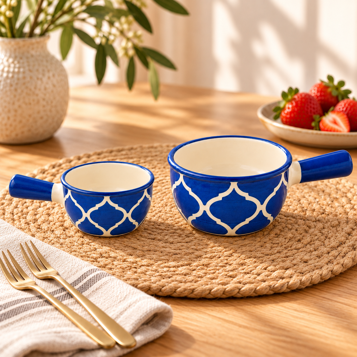 KunhaR Ceramic Fondue Tops for Chocolate, Cheese & Dips, 180 ml + 450 ml, Blue, Pack of 2 | Lead-Free, Microwave & Oven Safe