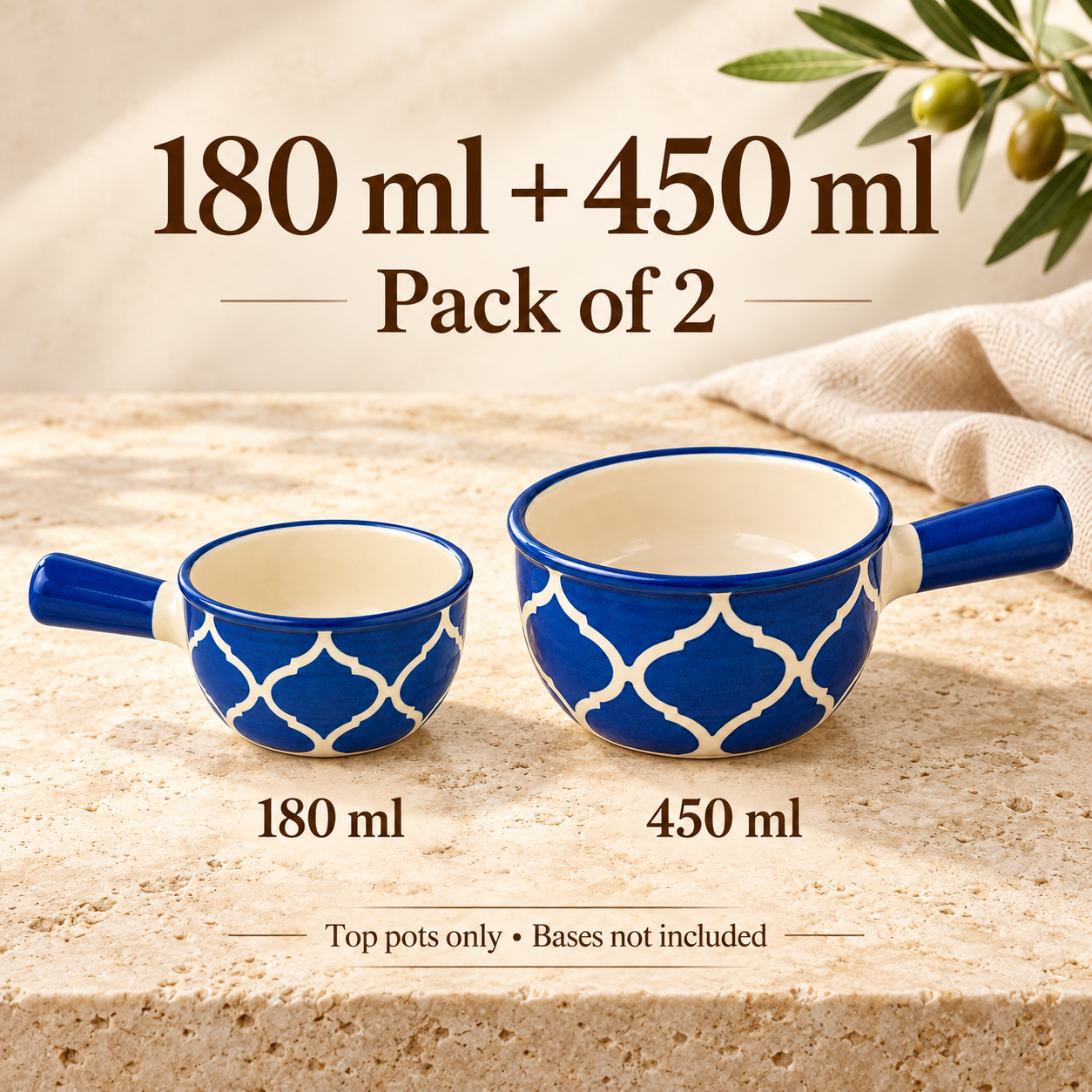 KunhaR Ceramic Fondue Top, 180 ml + 450 ml, Pack of 2, Blue + Blue – image 7