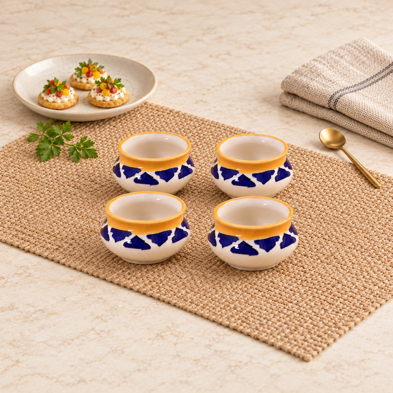 Kunhar Ceramic Sauce Holder - 90 ML, 4 Pieces, Yellow Blue