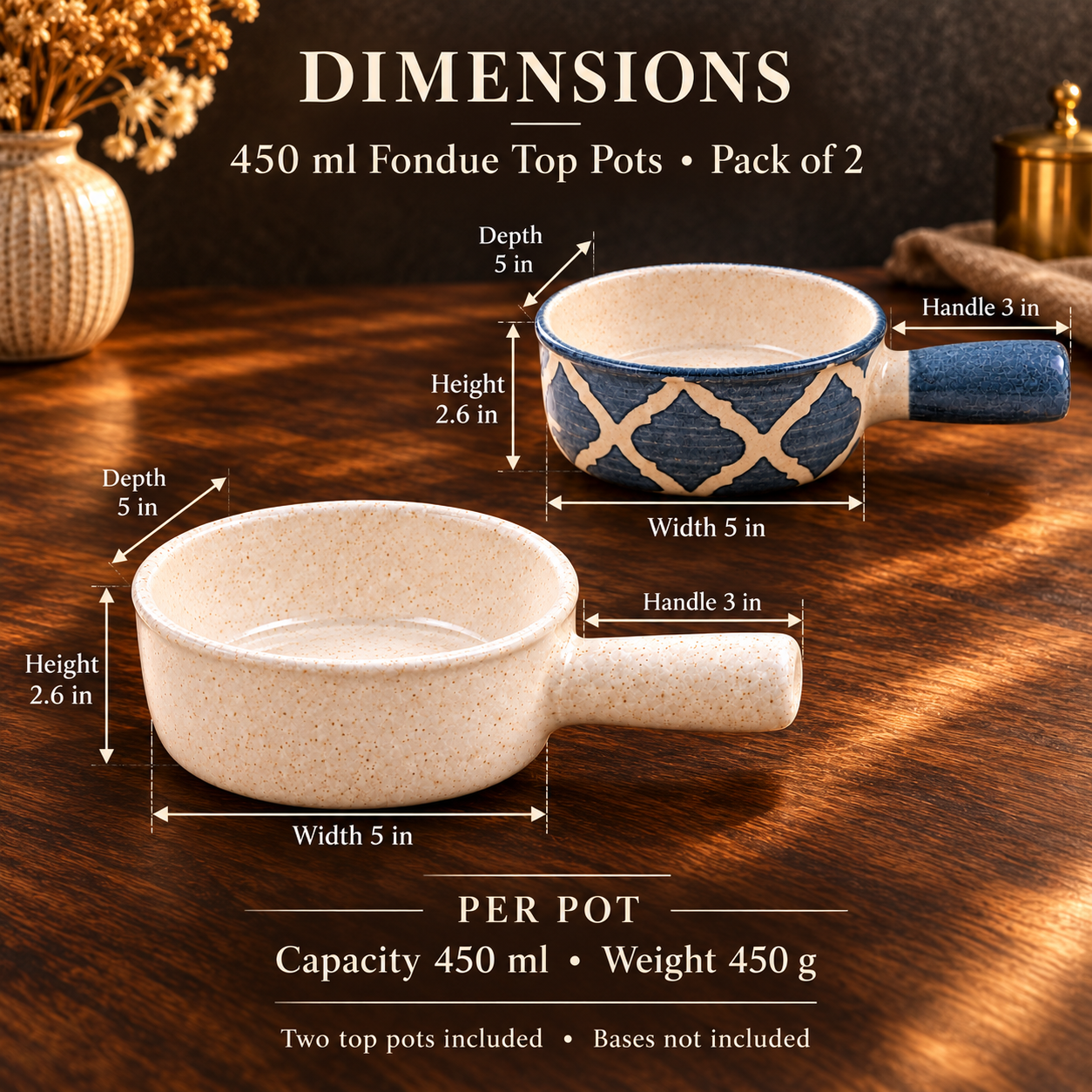 KunhaR Ceramic Fondue Tops for Chocolate, Cheese & Dips, 450 ml Each, White & Grey, Pack of 2 | Lead-Free, Microwave & Oven Safe — dimension chart showing pot size, handle length, capacity and weight