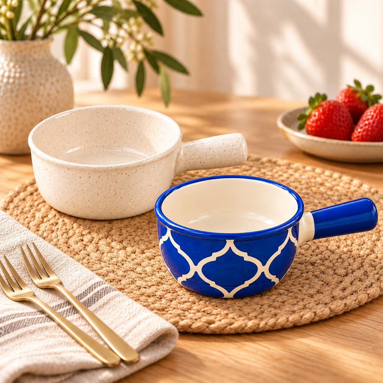 KunhaR Ceramic Fondue Tops for Chocolate, Cheese & Dips, 450 ml Each, White & Blue, Pack of 2 | Lead-Free, Microwave & Oven Safe