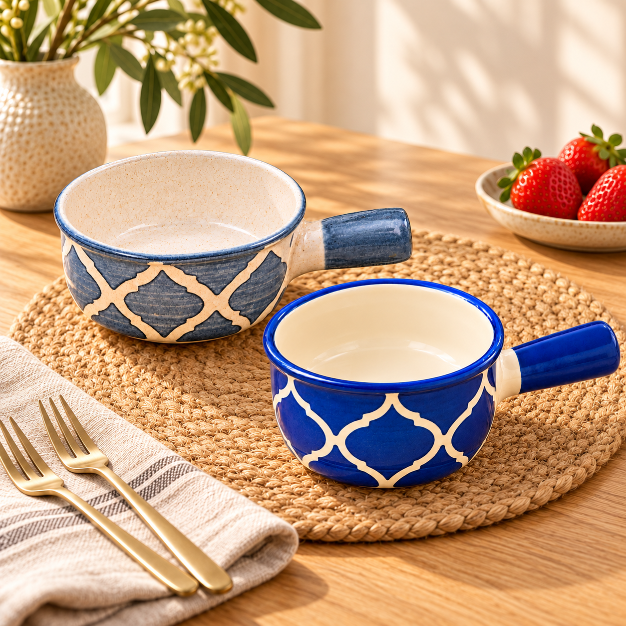 KunhaR Ceramic Fondue Tops for Chocolate, Cheese & Dips, 450 ml Each, Grey & Blue, Pack of 2 | Lead-Free, Microwave & Oven Safe