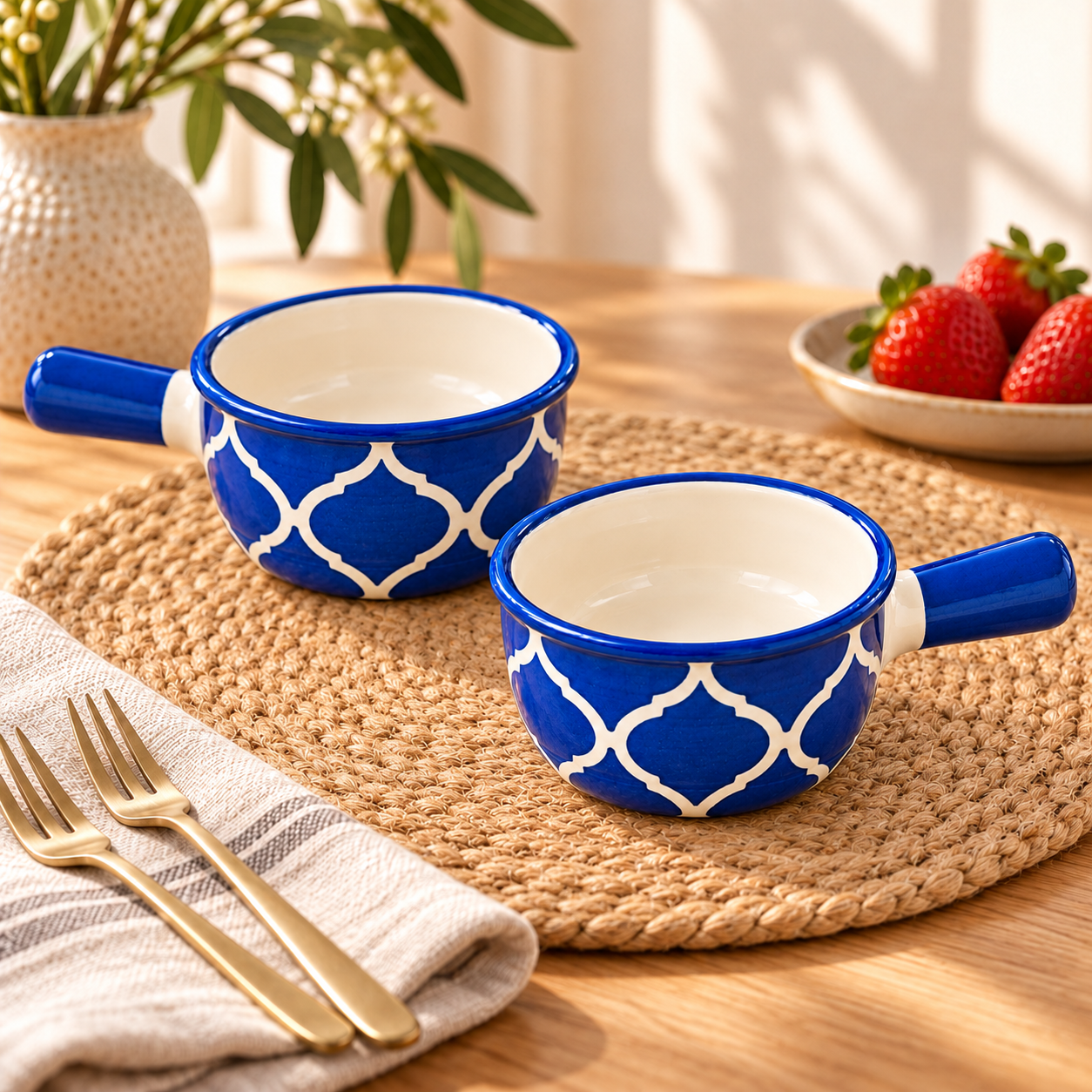 KunhaR Ceramic Fondue Tops for Chocolate, Cheese & Dips, 450 ml Each, Blue, Pack of 2 | Lead-Free, Microwave & Oven Safe