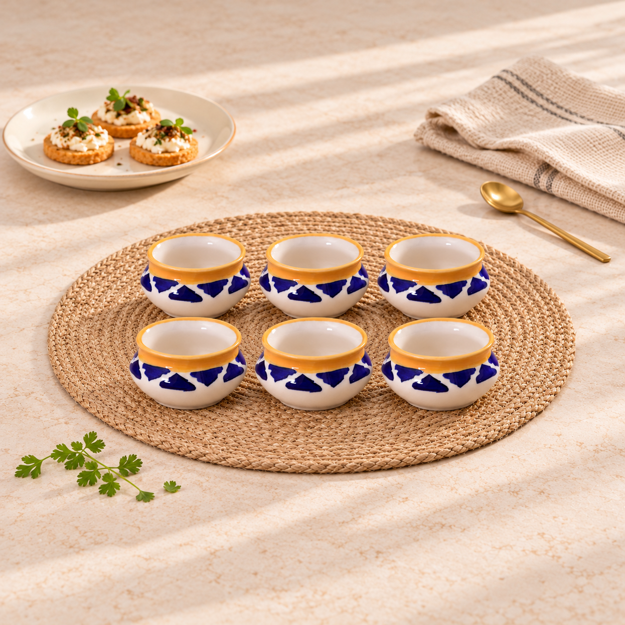Kunhar Ceramic Sauce Holder - 90 ML, 6 Pieces, Yellow Blue
