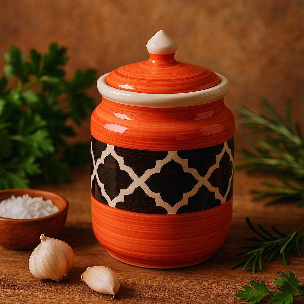 Kunhar Ceramic Jars (600ML) – Handcrafted Multipurpose Barni with Lid for Pickle, Chutney, Spices, Salt, Sugar – Kitchen Storage Containers, Red Black