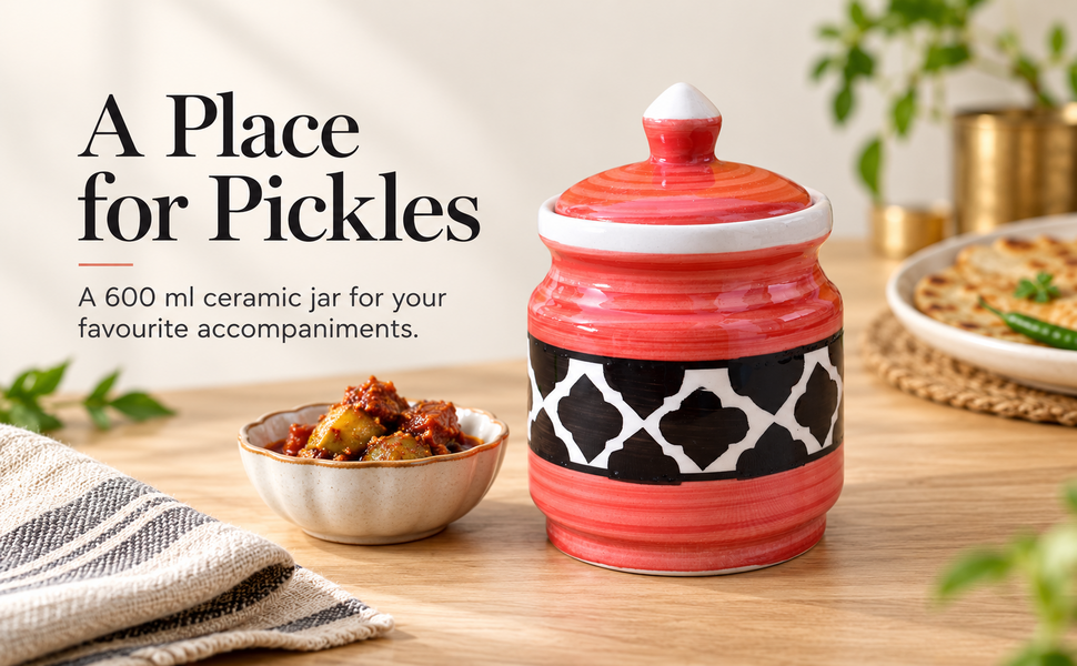 Kunhar Ceramic Jars (600ML) – Handcrafted Multipurpose Barni with Lid for Pickle, Chutney, Spices, Salt, Sugar – Kitchen Storage Containers, Red Black – visual story 1