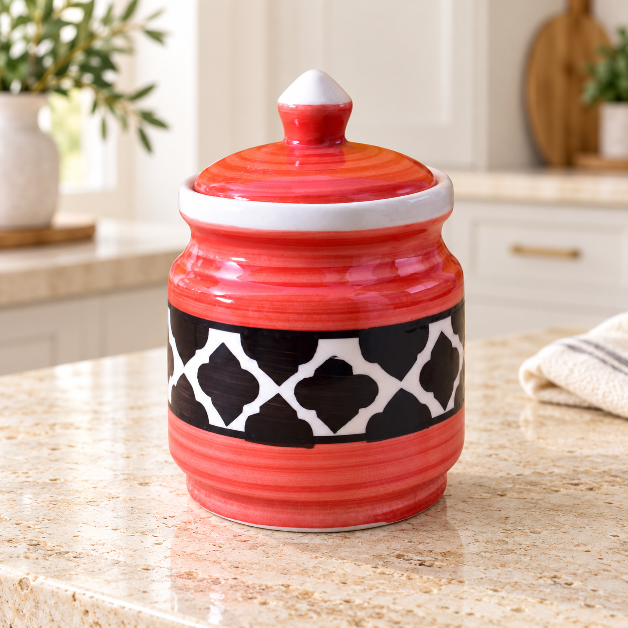 Kunhar Ceramic Jars (600ML) – Handcrafted Multipurpose Barni with Lid for Pickle, Chutney, Spices, Salt, Sugar – Kitchen Storage Containers, Red Black