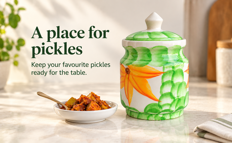 Kunhar Ceramic Jars (600ML) – Handcrafted Multipurpose Barni with Lid for Pickle, Chutney, Spices, Salt, Sugar – Kitchen Storage Containers, Green – visual story 1