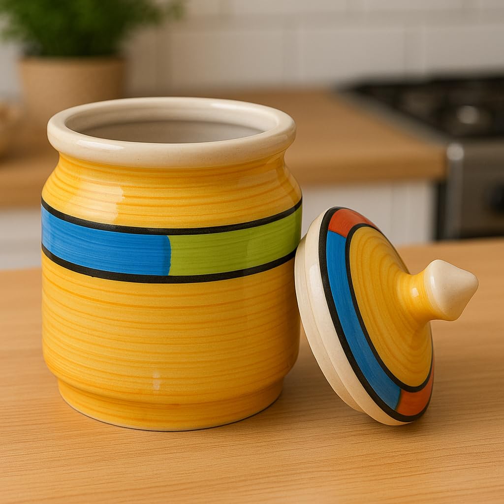 Kunhar Ceramic Jars (600ML) – Handcrafted Multipurpose Barni with Lid for Pickle, Chutney, Spices, Salt, Sugar – Kitchen Storage Containers, Yellow - Image 2