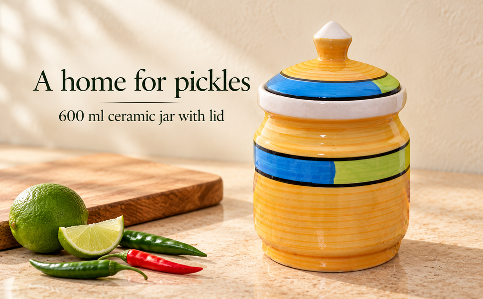 Kunhar Ceramic Jars (600ML) – Handcrafted Multipurpose Barni with Lid for Pickle, Chutney, Spices, Salt, Sugar – Kitchen Storage Containers, Yellow – visual story 1
